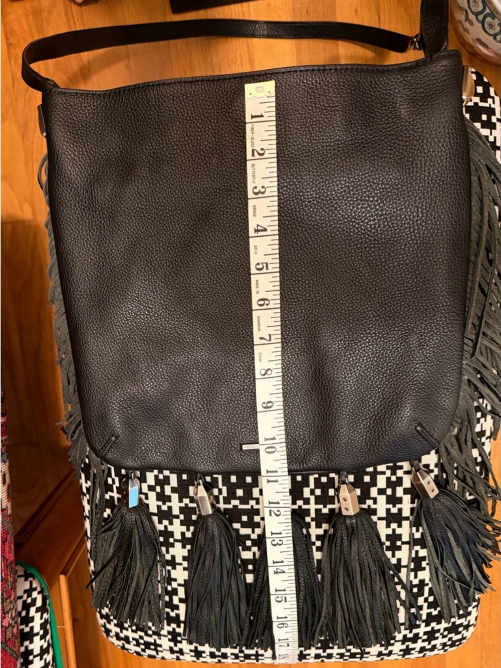 Fringed Tassel Crossbody Pebble Leather Black Bag - Picture 10 of 11